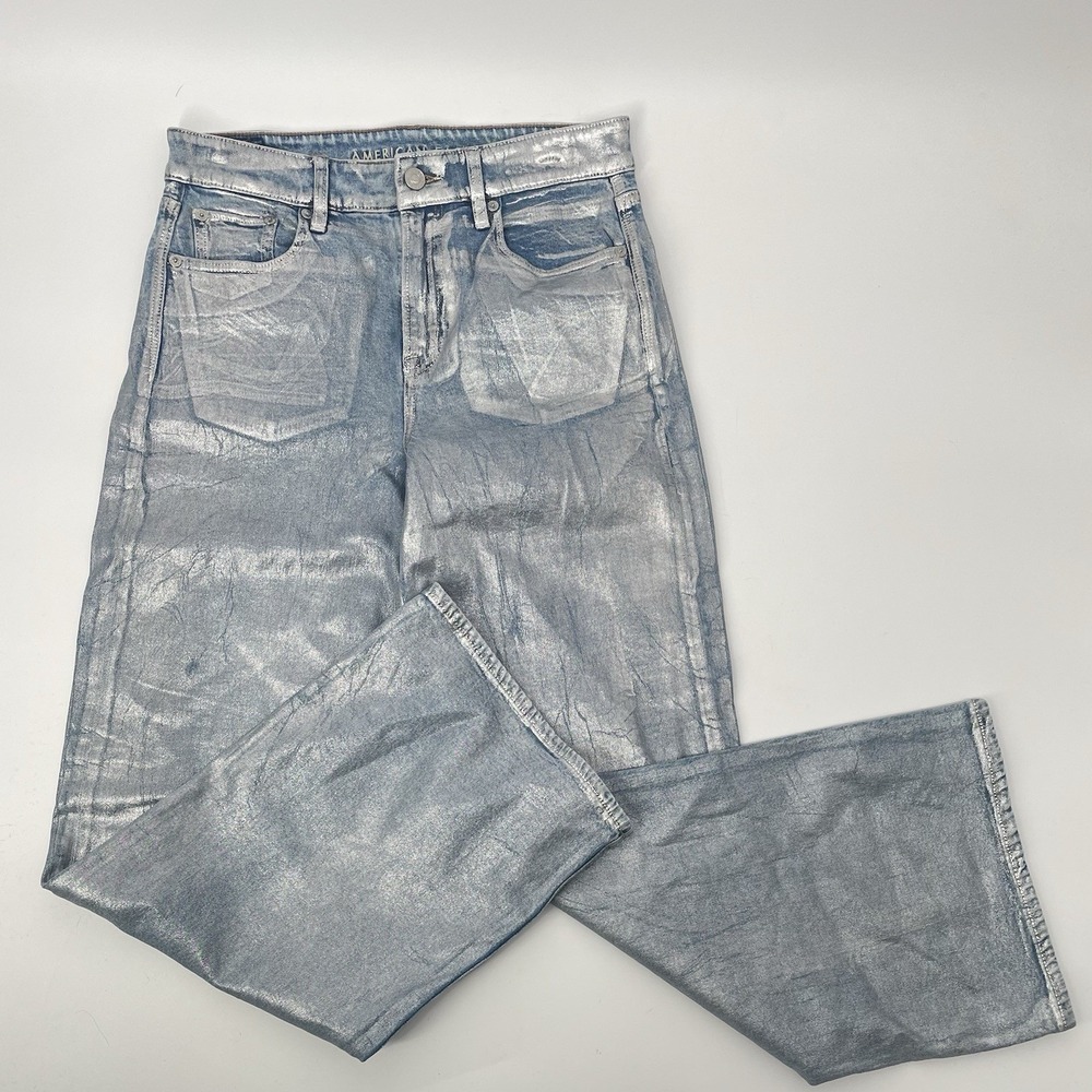 Y2K Silver Metallic Wide Leg Jeans American Eagle High Rise 2 Short
